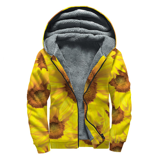 Yellow Sunflower Print Sherpa Lined Zip Up Hoodie