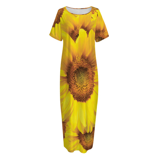 Yellow Sunflower Print Short Sleeve Long Nightdress
