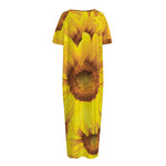 Yellow Sunflower Print Short Sleeve Long Nightdress