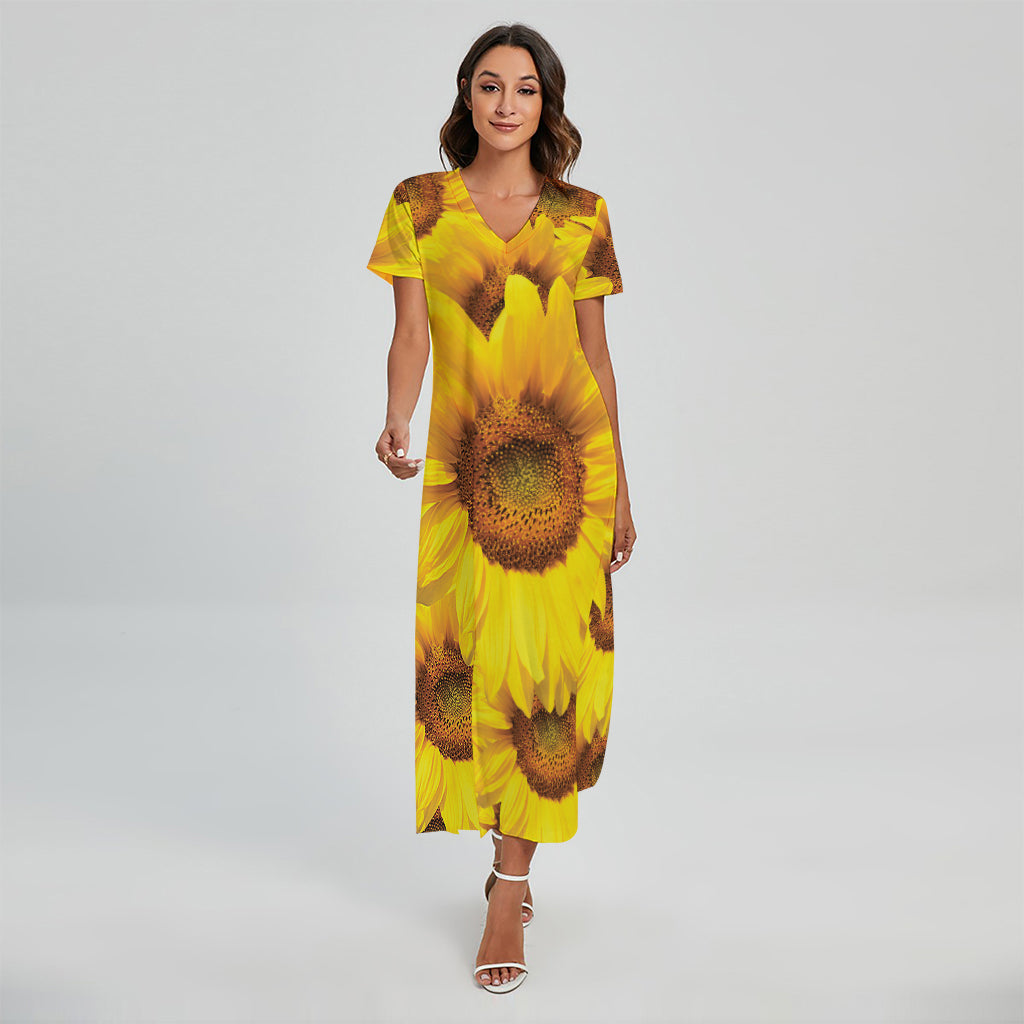 Yellow Sunflower Print Short Sleeve Maxi Dress