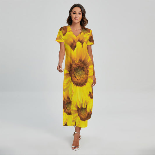 Yellow Sunflower Print Short Sleeve Maxi Dress
