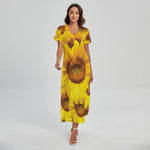 Yellow Sunflower Print Short Sleeve Maxi Dress
