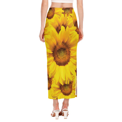 Yellow Sunflower Print Side Slit Maxi Skirt