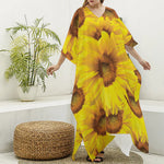 Yellow Sunflower Print Silk V-Neck Kaftan Dress