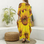 Yellow Sunflower Print Silk V-Neck Kaftan Dress