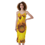 Yellow Sunflower Print Slim Fit Midi Cami Dress