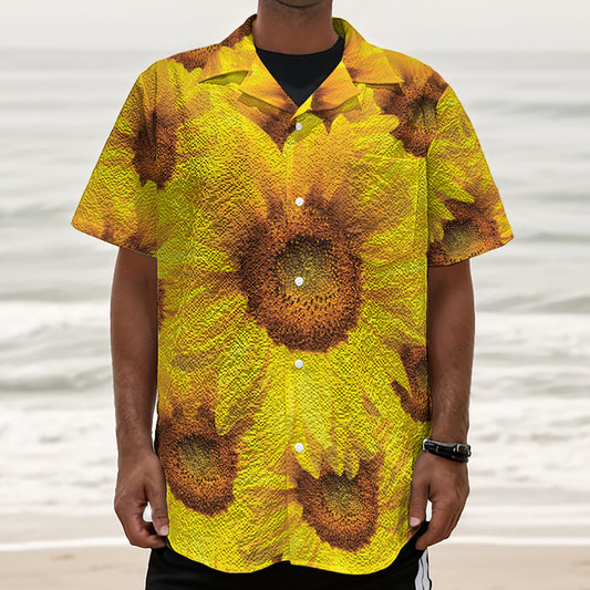 Yellow Sunflower Print Textured Short Sleeve Shirt