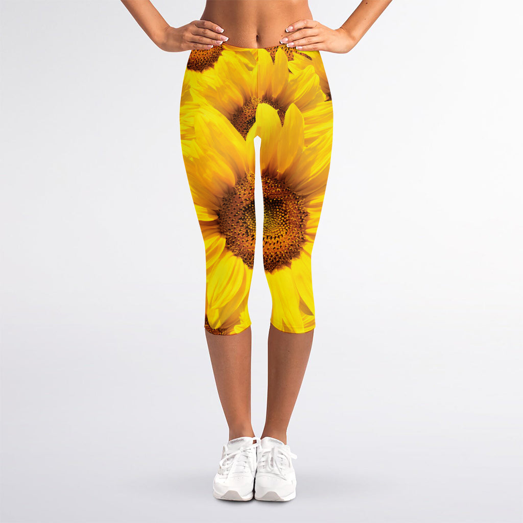 Yellow Sunflower Print Women's Capri Leggings