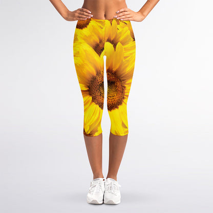 Yellow Sunflower Print Women's Capri Leggings