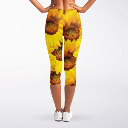 Yellow Sunflower Print Women's Capri Leggings