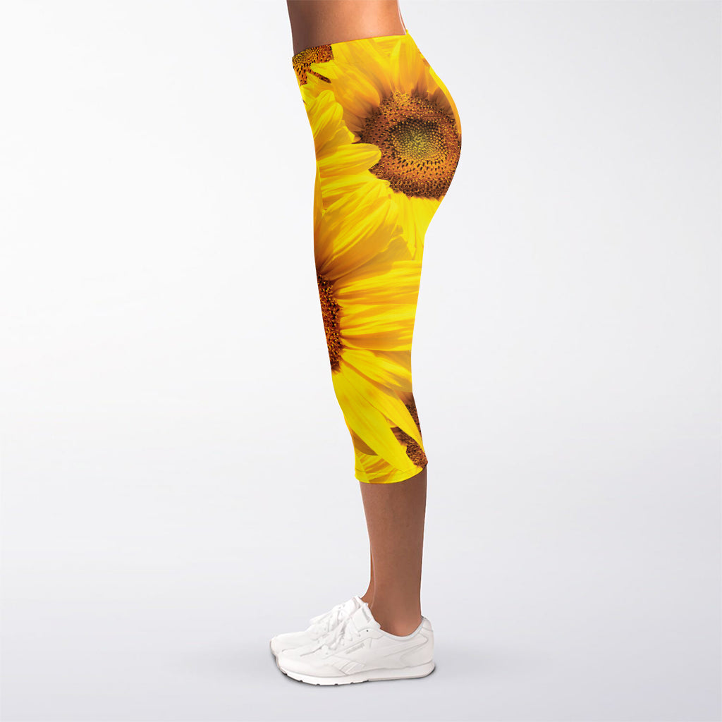 Yellow Sunflower Print Women's Capri Leggings