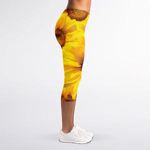 Yellow Sunflower Print Women's Capri Leggings