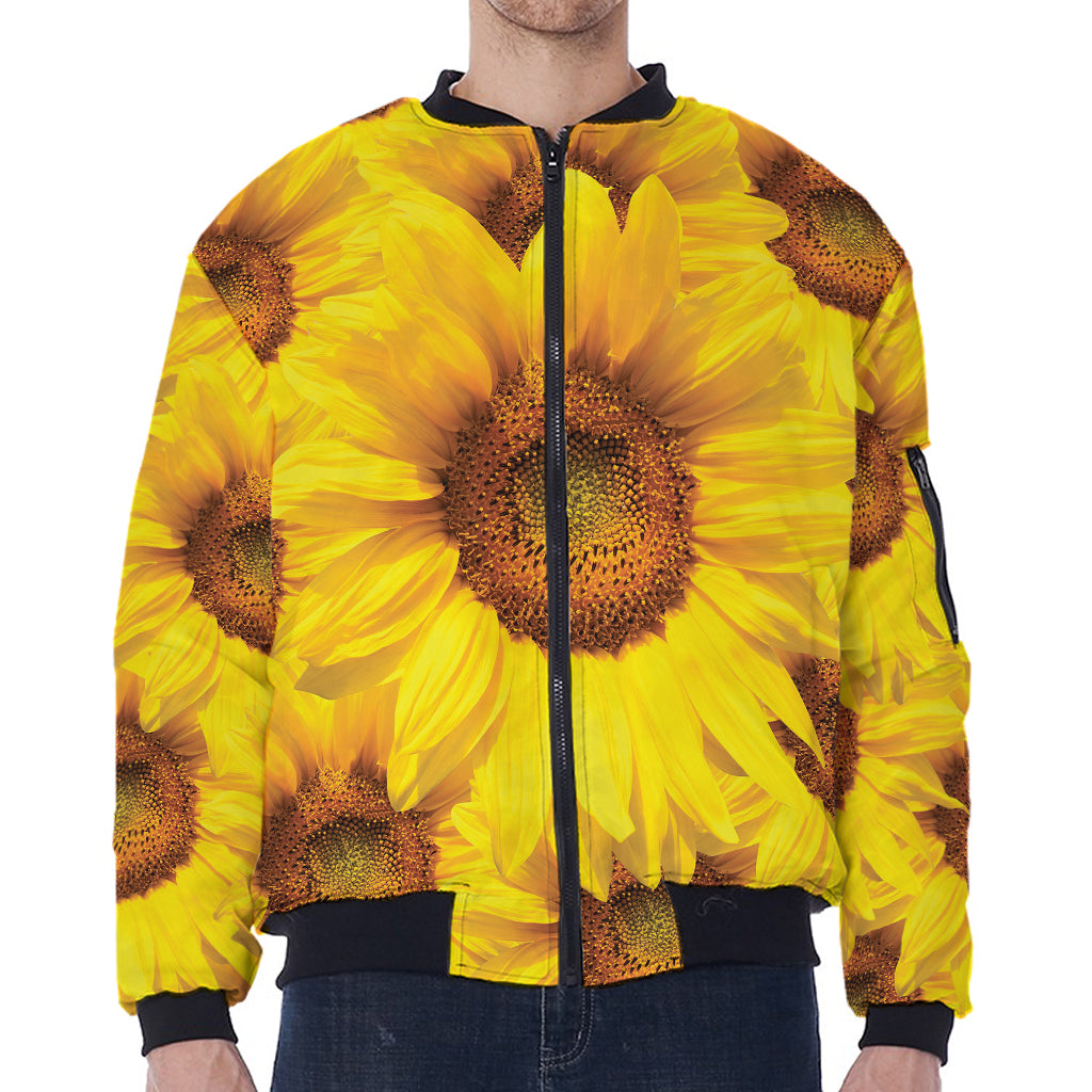 Yellow Sunflower Print Zip Sleeve Bomber Jacket