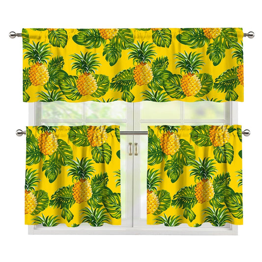 Yellow Tropical Pineapple Pattern Print 3 Piece Kitchen Curtains