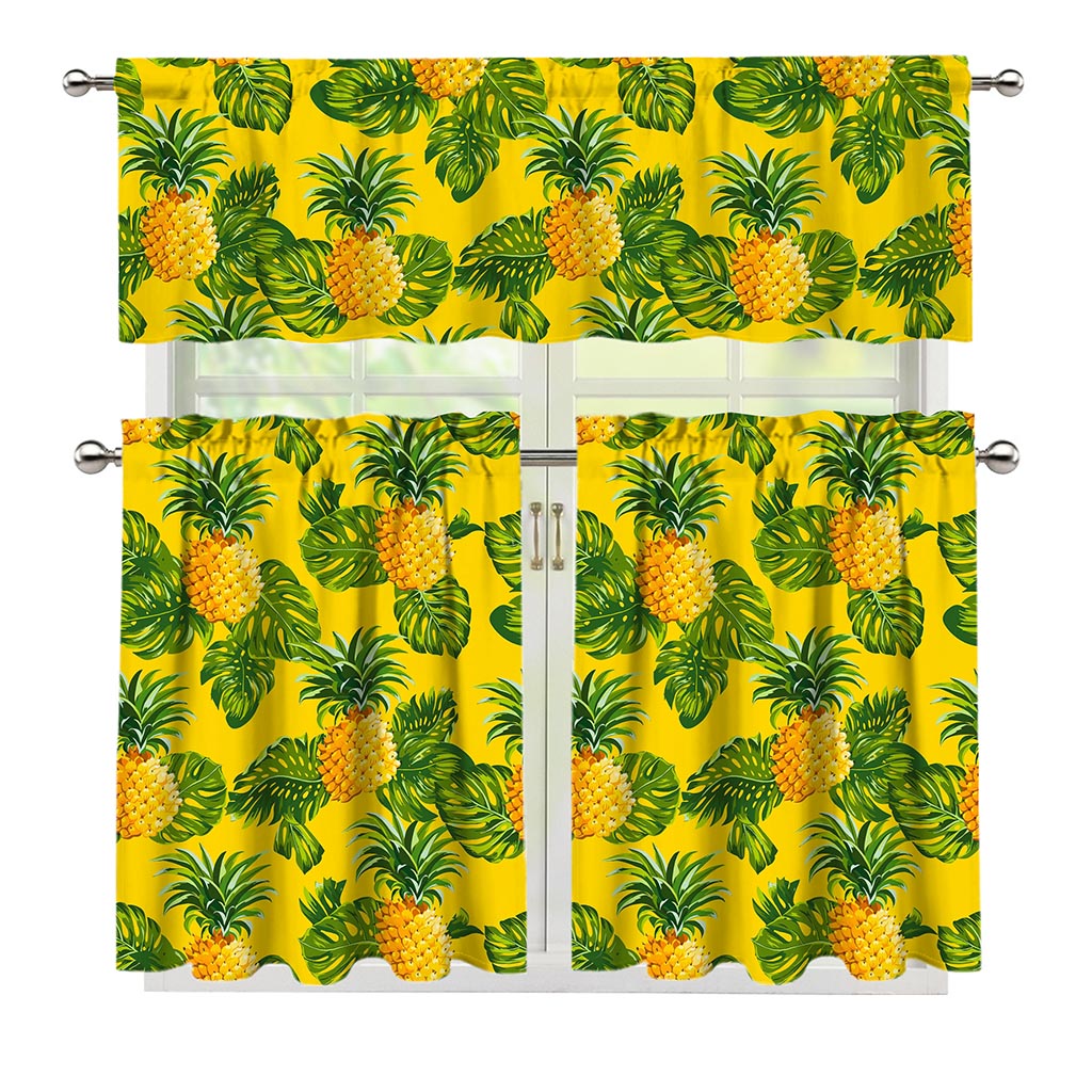 Yellow Tropical Pineapple Pattern Print 3 Piece Kitchen Curtains