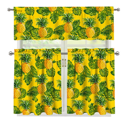 Yellow Tropical Pineapple Pattern Print 3 Piece Kitchen Curtains