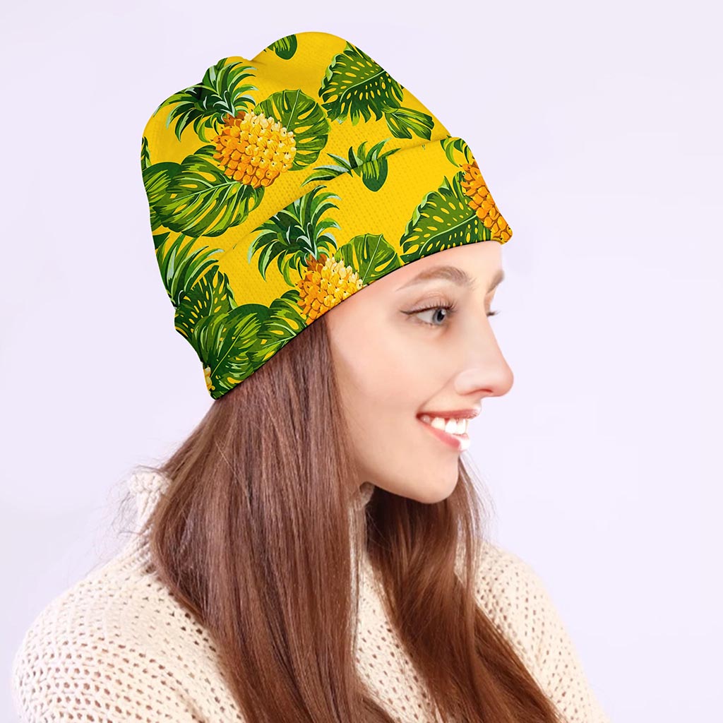 Yellow Tropical Pineapple Pattern Print Beanie