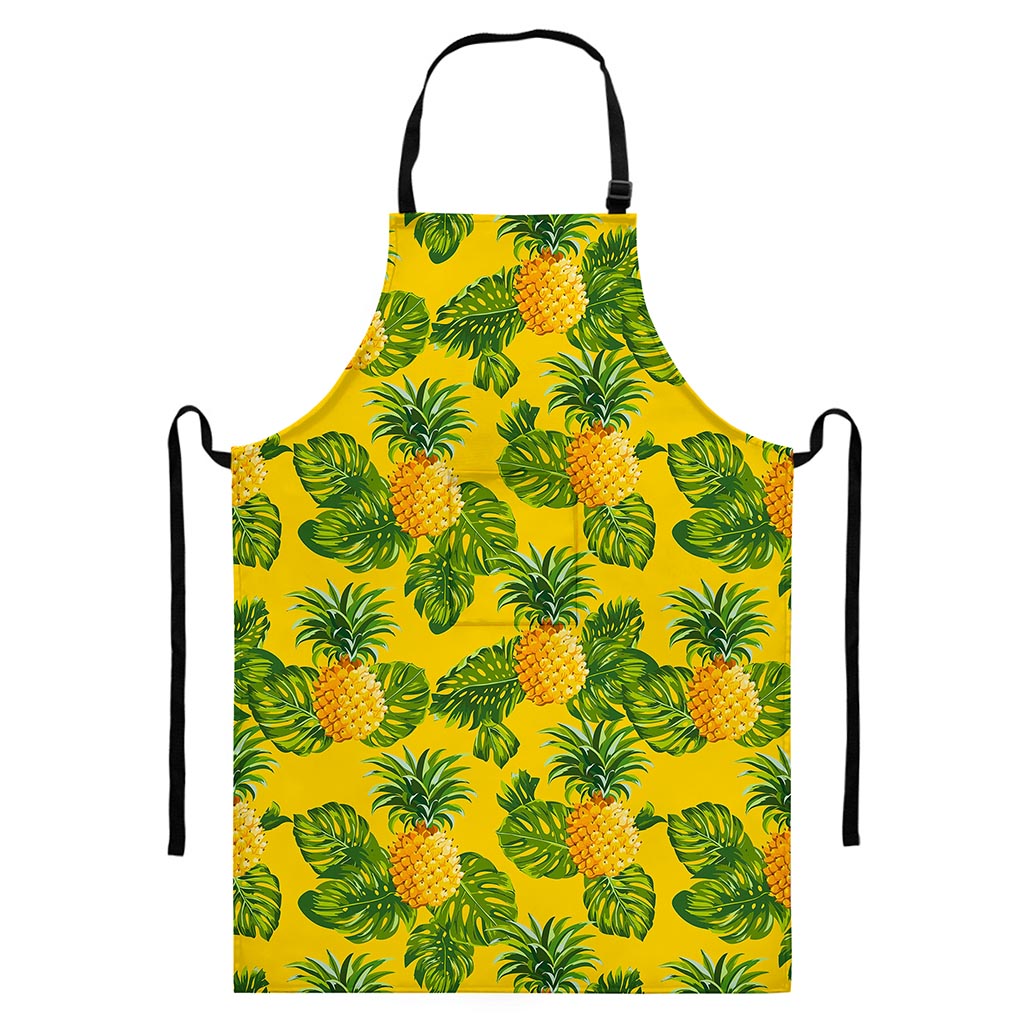 Yellow Tropical Pineapple Pattern Print Bib Apron With Pocket