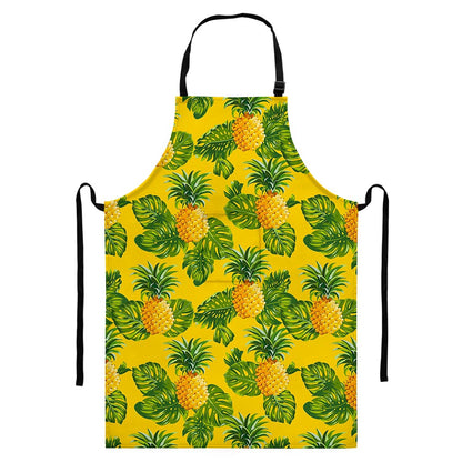 Yellow Tropical Pineapple Pattern Print Bib Apron With Pocket