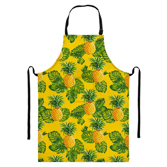 Yellow Tropical Pineapple Pattern Print Bib Apron With Pocket