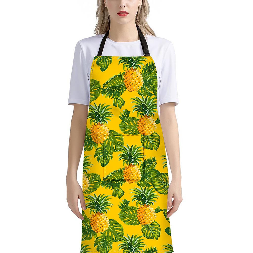 Yellow Tropical Pineapple Pattern Print Bib Apron With Pocket
