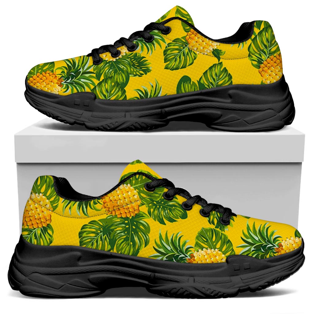 Yellow Tropical Pineapple Pattern Print Black Chunky Shoes