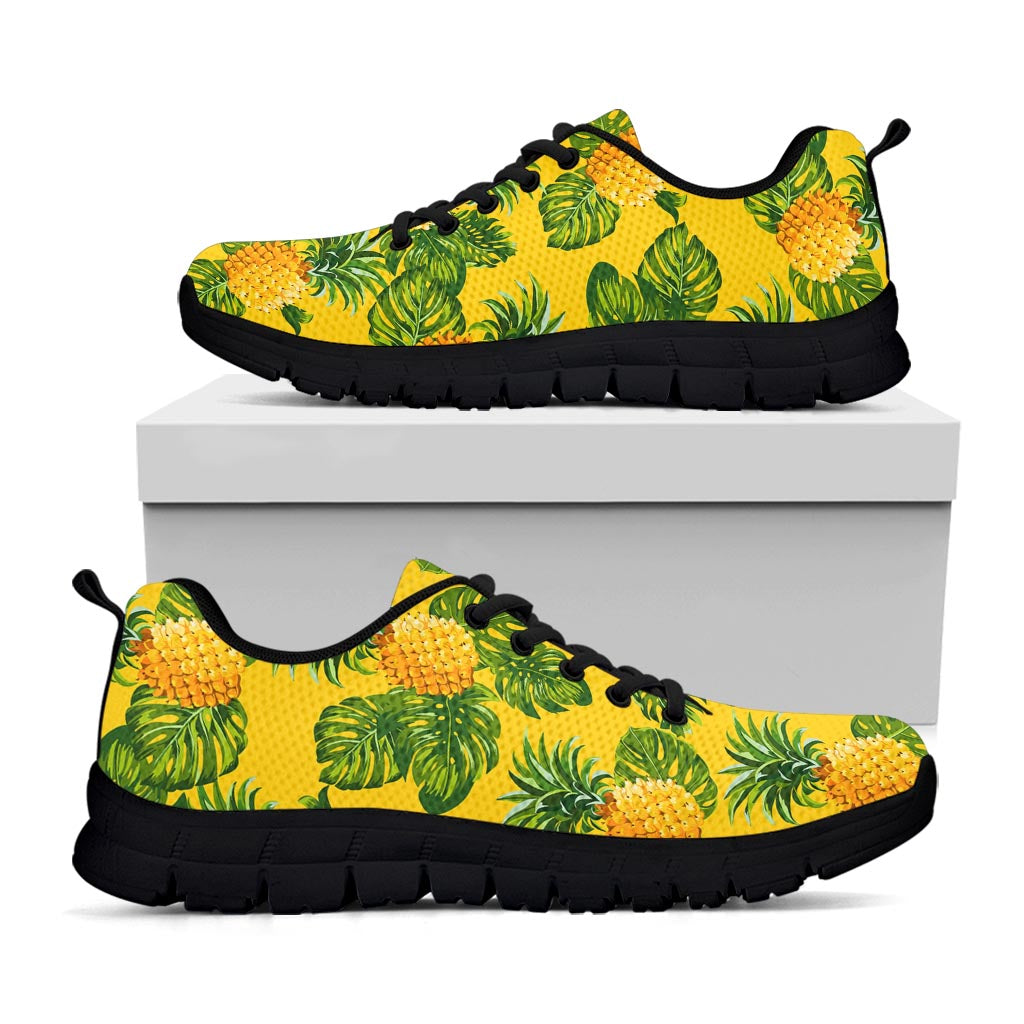 Yellow Tropical Pineapple Pattern Print Black Running Shoes