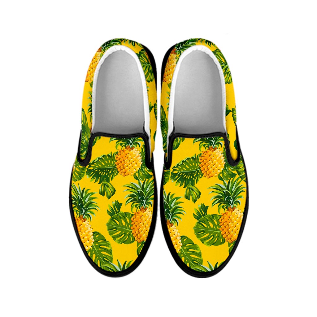 Yellow Tropical Pineapple Pattern Print Black Slip On Sneakers