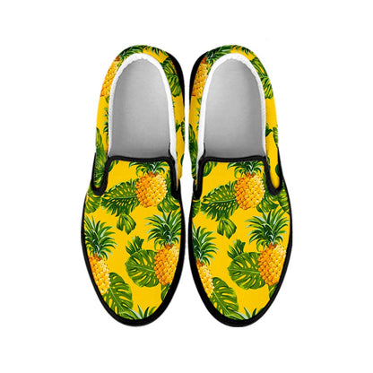 Yellow Tropical Pineapple Pattern Print Black Slip On Sneakers