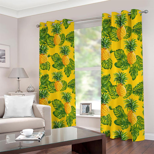 Yellow Tropical Pineapple Pattern Print Blackout Grommet Curtains