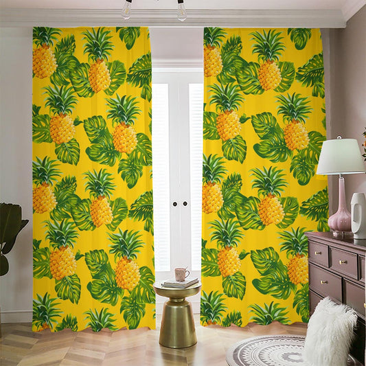 Yellow Tropical Pineapple Pattern Print Blackout Pencil Pleat Curtains