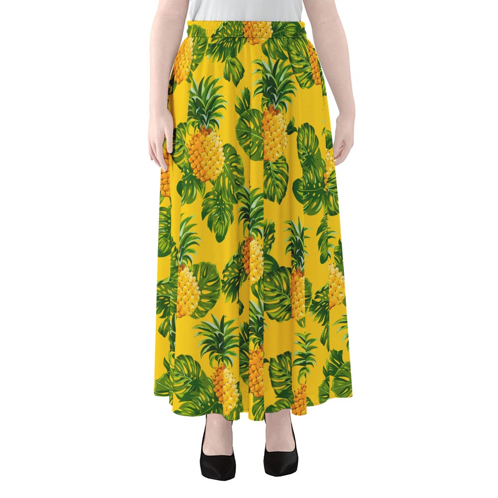 Yellow Tropical Pineapple Pattern Print Chiffon Maxi Skirt