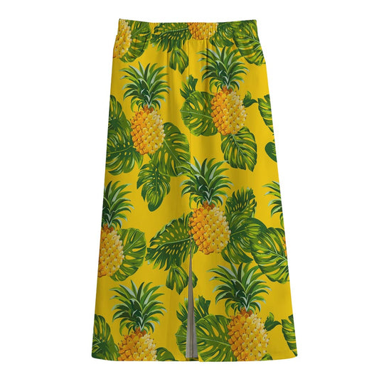 Yellow Tropical Pineapple Pattern Print Cotton Front Slit Maxi Skirt