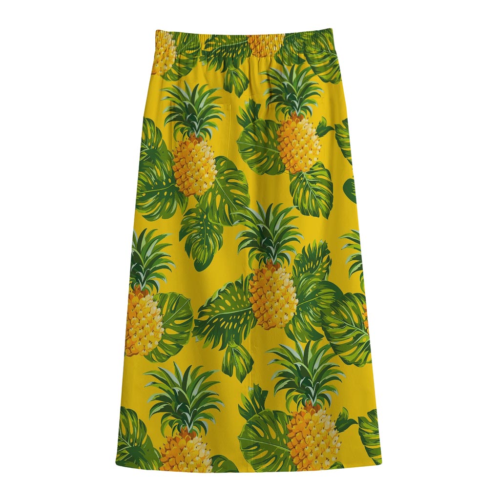 Yellow Tropical Pineapple Pattern Print Cotton Front Slit Maxi Skirt