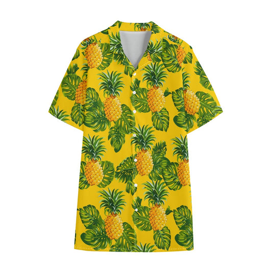 Yellow Tropical Pineapple Pattern Print Cotton Hawaiian Shirt