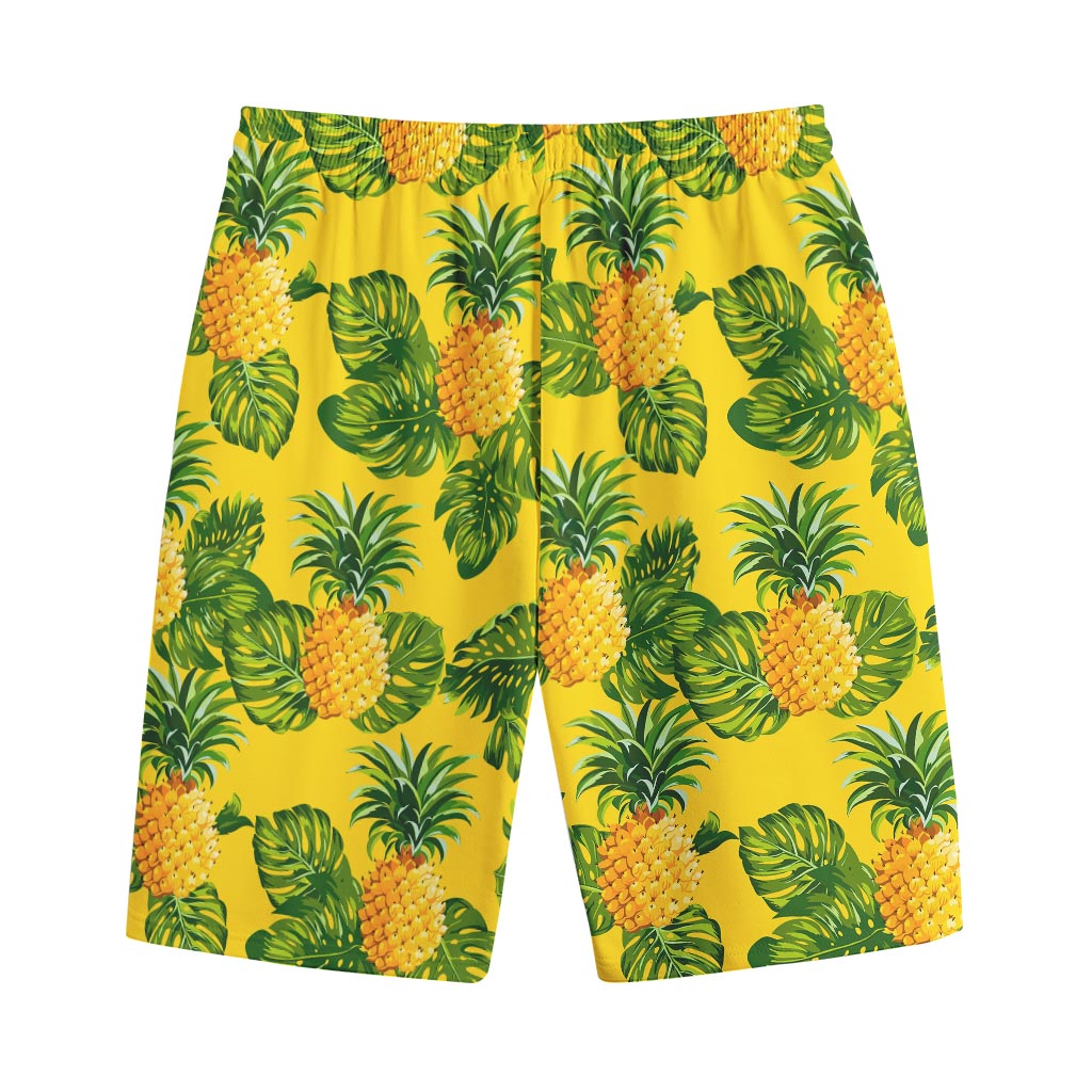 Yellow Tropical Pineapple Pattern Print Cotton Shorts