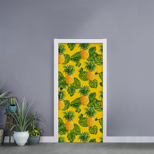 Yellow Tropical Pineapple Pattern Print Door Sticker