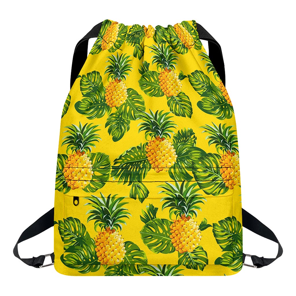 Yellow Tropical Pineapple Pattern Print Drawstring Backpack