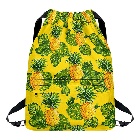 Yellow Tropical Pineapple Pattern Print Drawstring Backpack