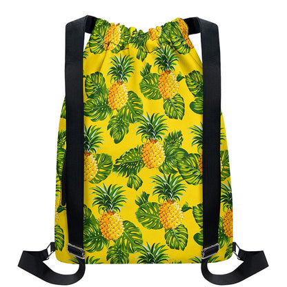 Yellow Tropical Pineapple Pattern Print Drawstring Backpack