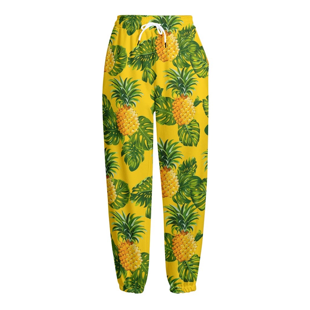 Yellow Tropical Pineapple Pattern Print Fleece Lined Knit Pants