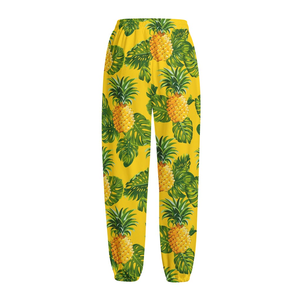 Yellow Tropical Pineapple Pattern Print Fleece Lined Knit Pants