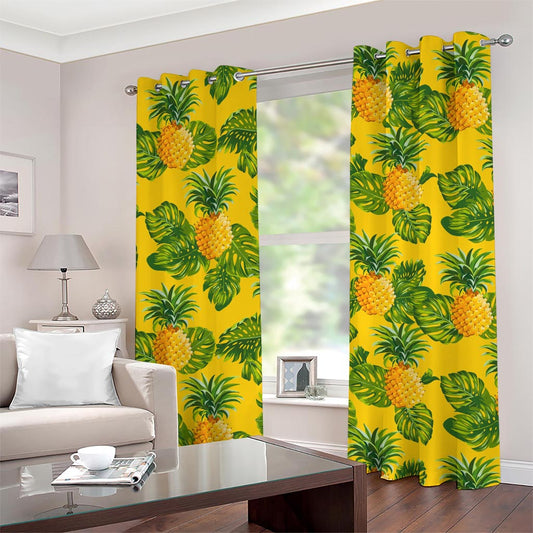 Yellow Tropical Pineapple Pattern Print Grommet Curtains