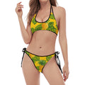 Yellow Tropical Pineapple Pattern Print Halter Scoop Tie Side Bikini