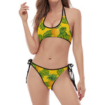 Yellow Tropical Pineapple Pattern Print Halter Scoop Tie Side Bikini