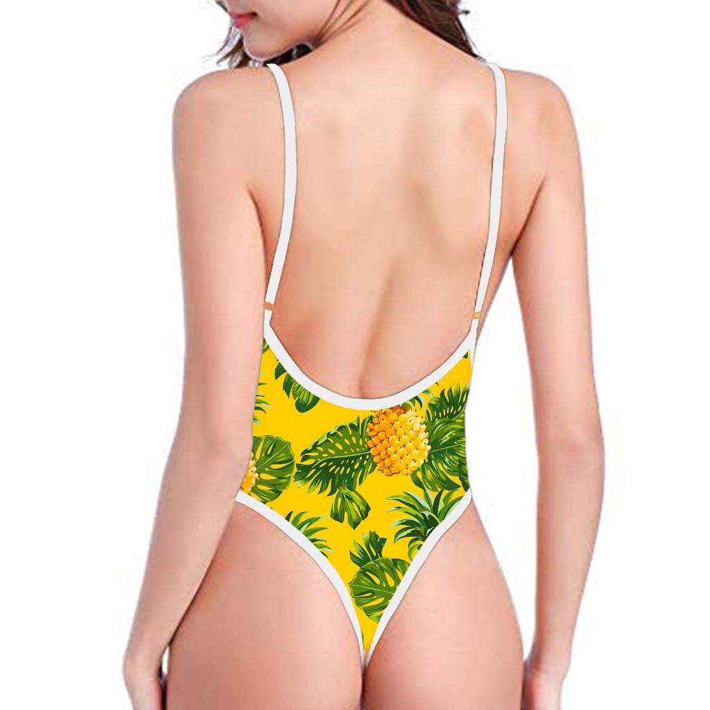 Yellow Tropical Pineapple Pattern Print High Cut One Piece Swimsuit