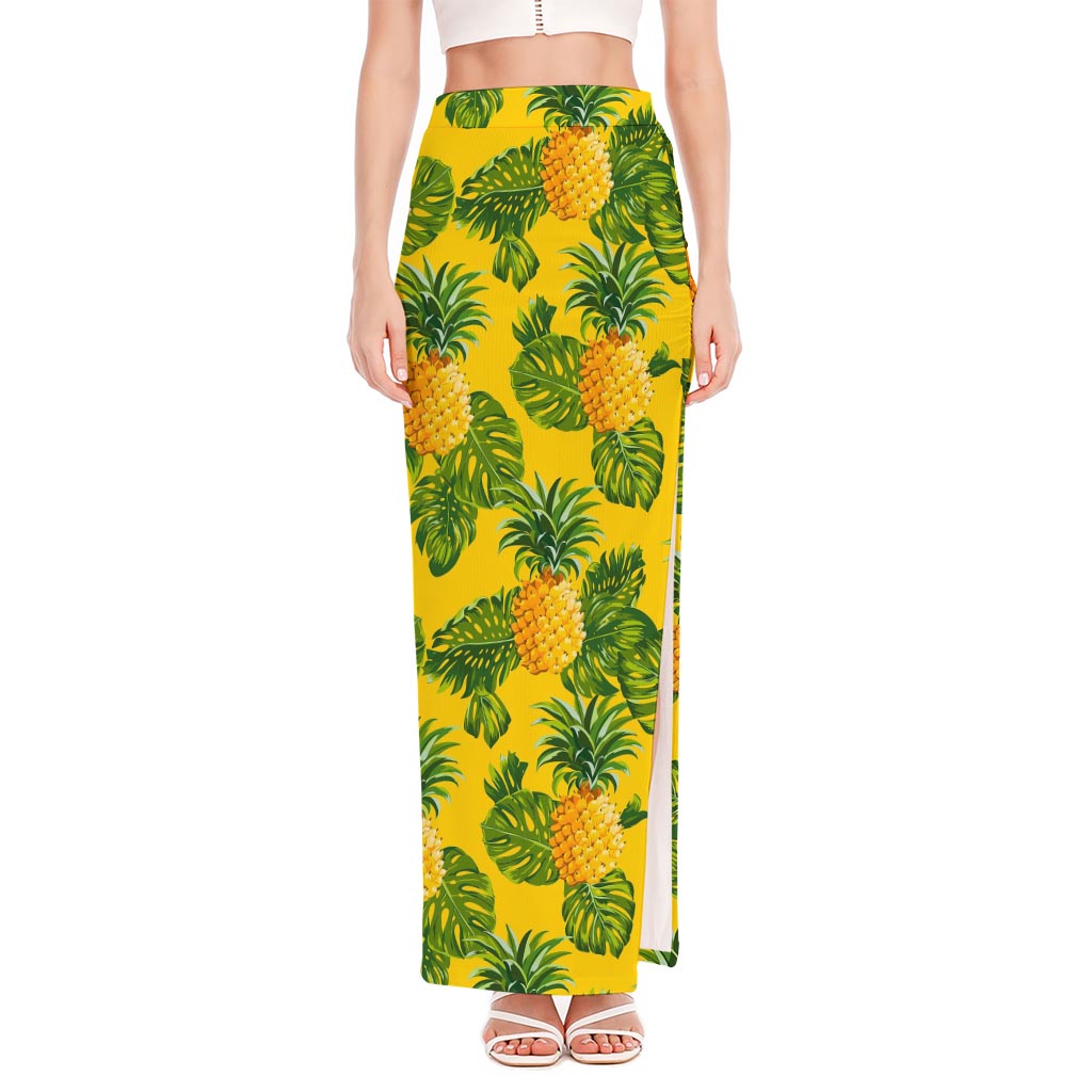 Yellow Tropical Pineapple Pattern Print High Slit Maxi Skirt