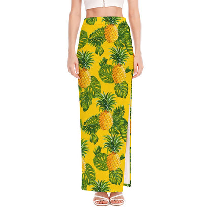 Yellow Tropical Pineapple Pattern Print High Slit Maxi Skirt