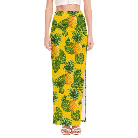 Yellow Tropical Pineapple Pattern Print High Slit Maxi Skirt