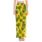 Yellow Tropical Pineapple Pattern Print High Slit Maxi Skirt